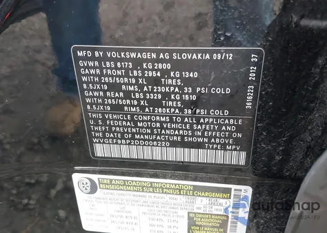 2013 Volkswagen Touareg Vr6 Lux z USA, uszkodzony, nr VIN WVGEF9BP2DD006220